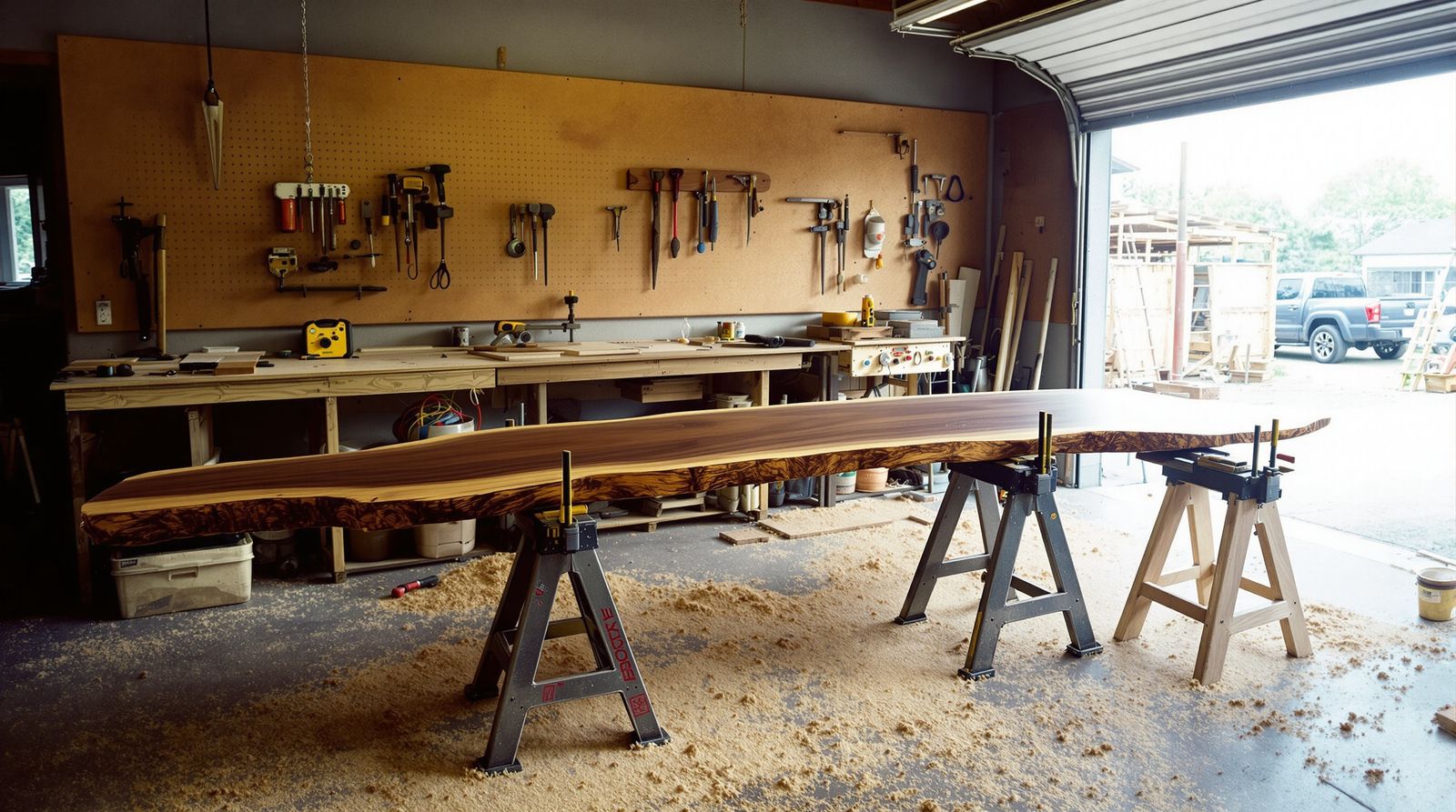 PLACEHOLDER — shot list for the real photographer: a small woodworking shop interior with a live edge walnut slab clamped on sawhorses, sawdust on the concrete, tools on a pegboard wall, daylight from a roller door