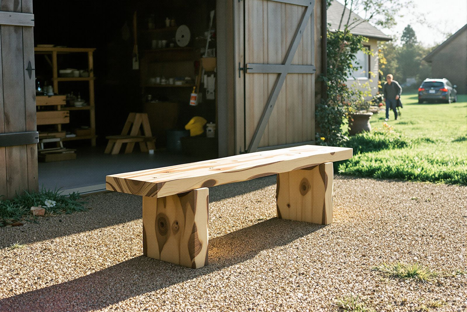 PLACEHOLDER — shot list for the real photographer: a finished rustic bench of thick timber standing on a gravel drive outside a workshop, low afternoon sun